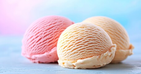 Closeup of three pastel scoops in red pink and cream tones with visible creamy texture on neutral background showing cold harmony and frozen snack geometry in minimalist styling