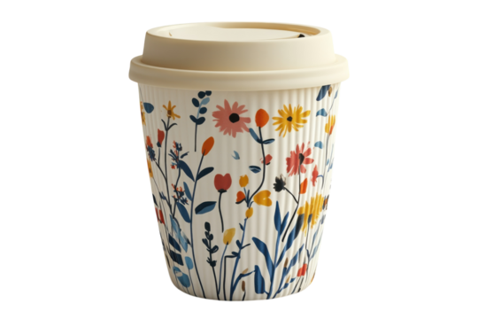 A beautiful floral coffee mug inspiring morning freshness a gentle wake-up call for a brighter day crisp studio light minimalist black background.