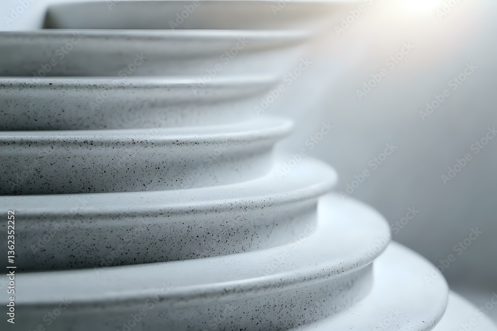 Poster stacked ceramic plates in soft gray tones create minimalist composition with gentle curves and textu