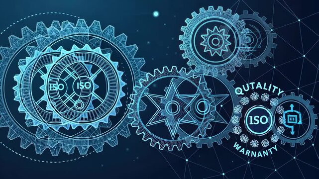 Intricate Digital Illustration of Interconnected Gears with ISO Symbols Quality Assurance and Standards in Futuristic Design, Emphasizing Precision, Innovation, and Technological Context