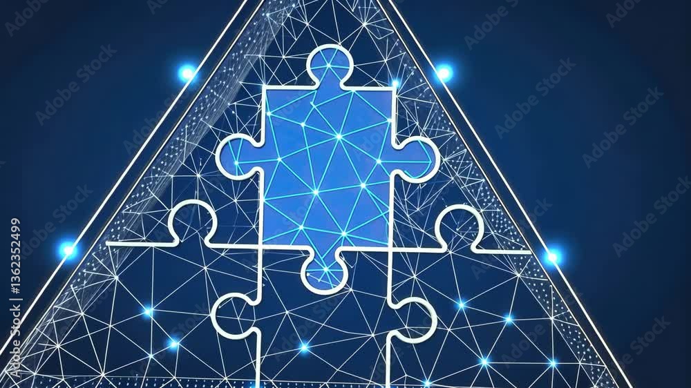 Poster glowing blue jigsaw puzzle piece connected in triangular network of interconnected lines and nodes, 