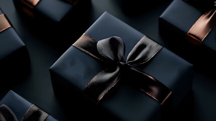 Elegant navy blue gift box with black satin ribbon bow on dark background. Luxury present packaging for special occasions and premium retail displays.