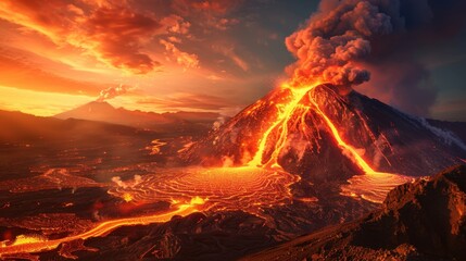 Volcanic Eruption: Witness the raw power of nature as molten lava flows down the fiery slopes, with billowing smoke against a dramatic orange sky.
