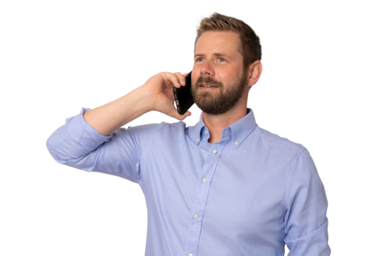 Young business man talking on the phone over isolated transparent background. PNG transparent