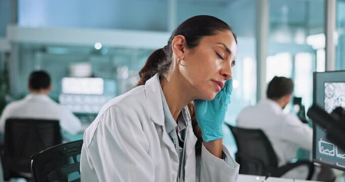 Lab, science and woman with headache on computer for research, medical study and microscope for sample. Healthcare, pharmaceutical and tired scientist with fatigue, burnout and stress for mistake