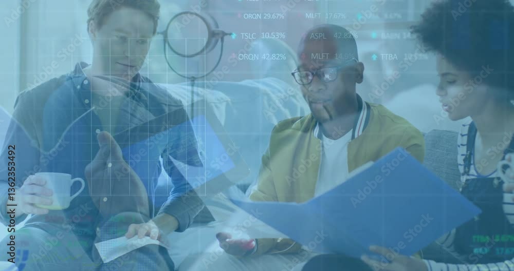 Poster diverse group reviewing documents with financial data processing animation overlay