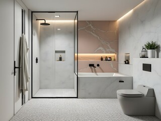 Contemporary bathroom design, glass shower enclosure, muted gray and peach color scheme, marble accent wall, minimalistic decor, stylish gray toilet, recessed lighting, sleek and modern space