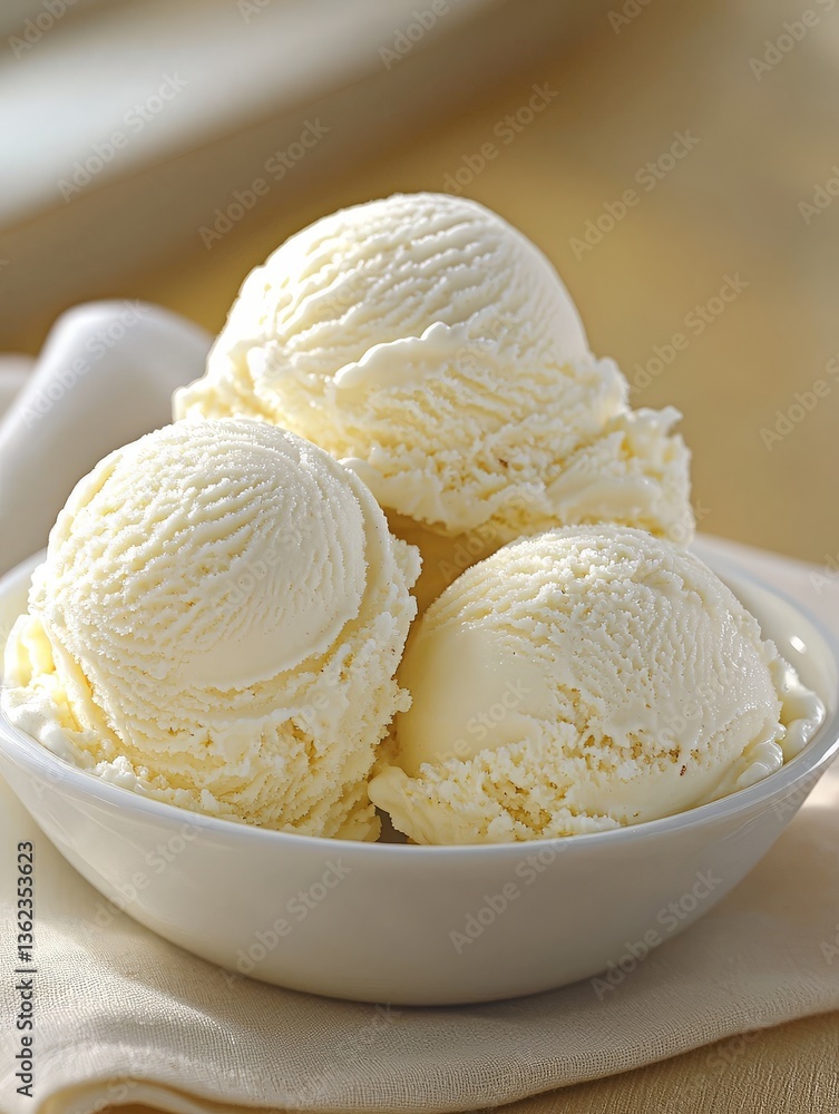 Aufkleber vanilla ice cream scoop in shallow white bowl on matte table with shadows emphasizing creamy texture