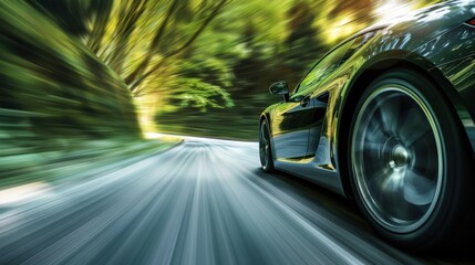 Speeding Car on Winding Road: Experience the thrill of the open road as a sleek, high-performance car blazes along a picturesque winding path. capture the motion.