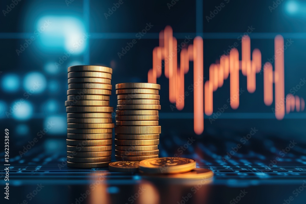 Poster stacks of coins with financial graph background