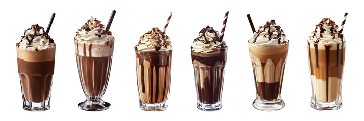 frappe with whipped cream and chocolate syrup in a long glass isolated on a transparent or white background, cut out, PNG