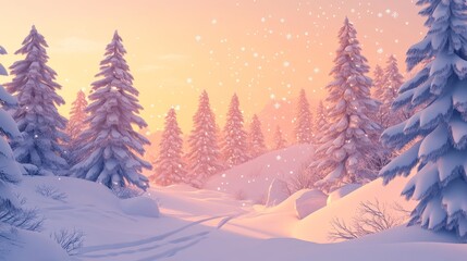 Fototapeta premium Winter Landscape with Snow-Covered Trees, Falling Snowflakes, and Warm Sunrise Glow