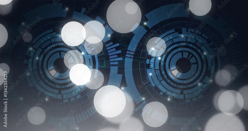 Poster animation of glowing white orbs with futuristic digital interface in school setting