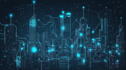 Obraz premium Futuristic city circuit board, technology, urban skyline, abstract art, design, digital, background, graphic, possible use for technology presentations, marketing campaigns, wallpapers