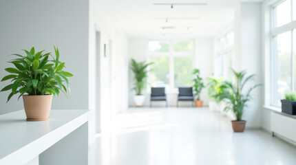 Blurred view of a modern hospital or clinic hallway for healthcare promotion