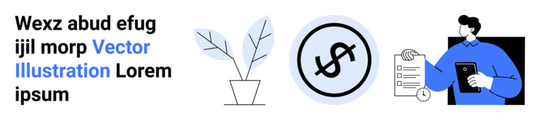 Potted plant symbolizing growth, coin with dollar sign indicating finance, and person reviewing documents. Ideal for finance, business, strategy, productivity, growth, education simple landing page