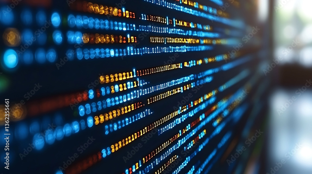 Poster abstract closeup of glowing computer code, suggesting innovation, technology, and the digital age. p