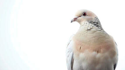 Fototapeta premium Close-up of a beautiful white pigeon with a pink tinge on its feathers, looking to the right of the frame with a blurred background.
