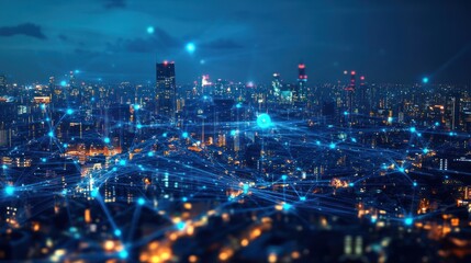Fototapeta premium Cityscape Network at Night; Abstract Digital Connections; Aerial View
