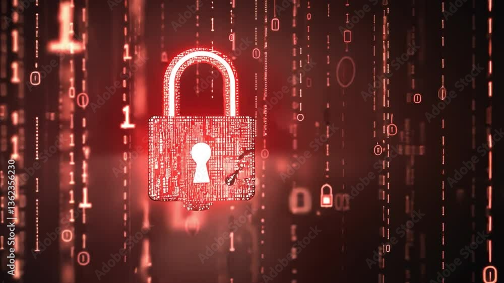 Poster digital security urgency of protection and encryption in binary world with padlocks and cyber techno
