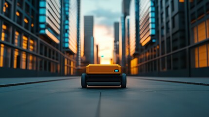 Fototapeta premium Autonomous robot in urban setting at sunset glow