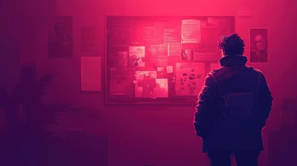 Man in front of an information board with vintage comic style detective theme