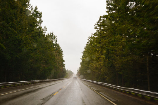 Driver's view through windshield of wet highway in a rural area