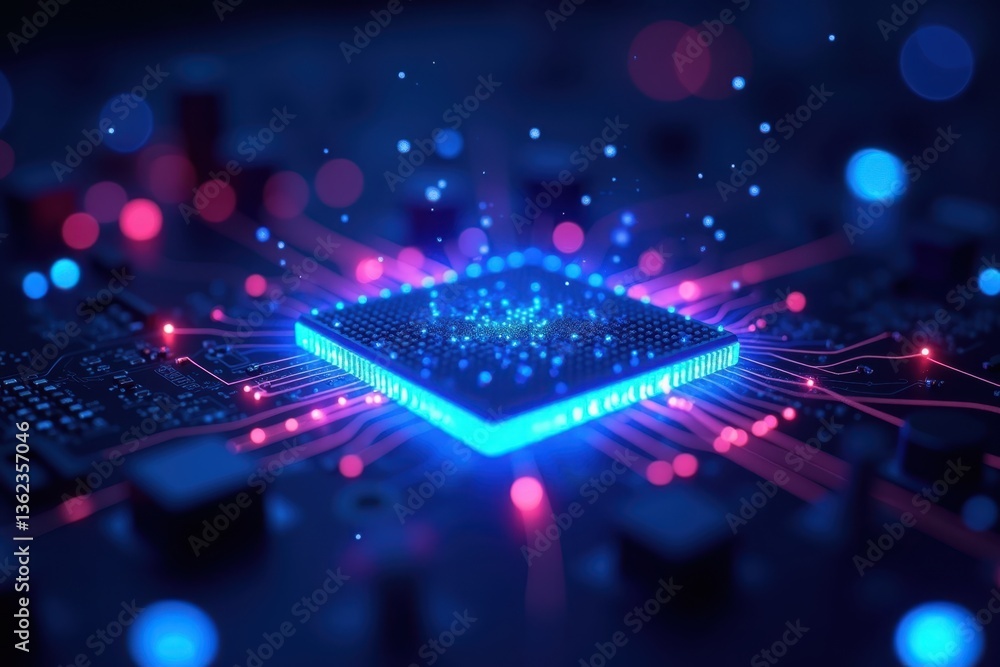 Poster abstract digital processor with electrons in blue and red glow