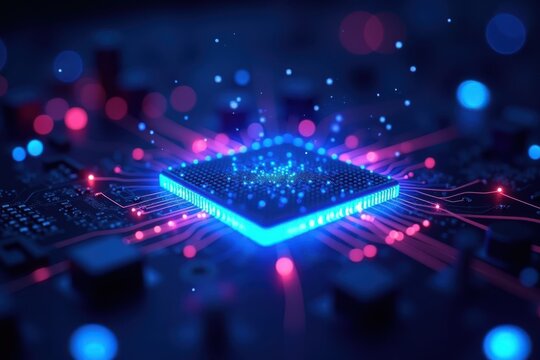 Abstract Digital Processor with Electrons in Blue and Red Glow