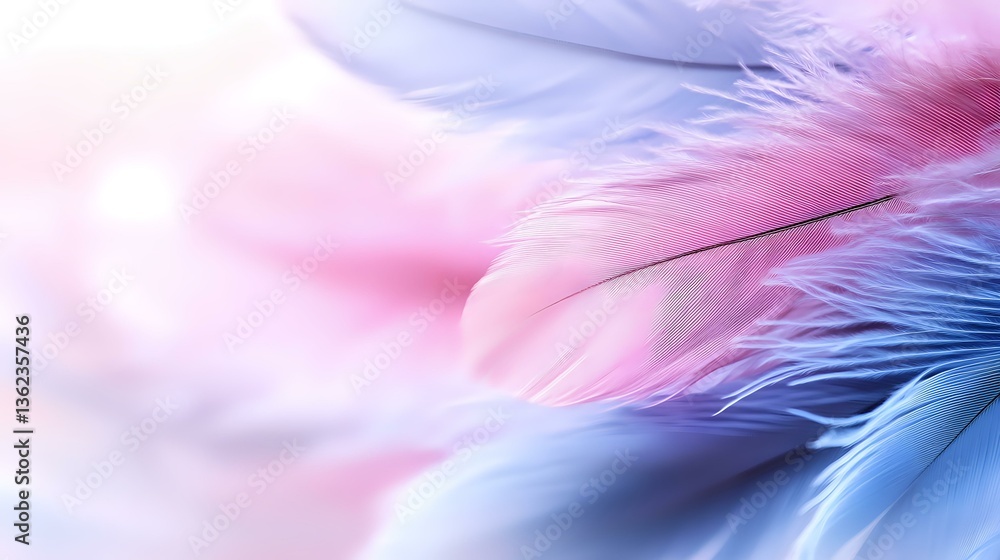 Poster delicate feathers in soft pastel pink and blue create dreamy ethereal background with gentle light e