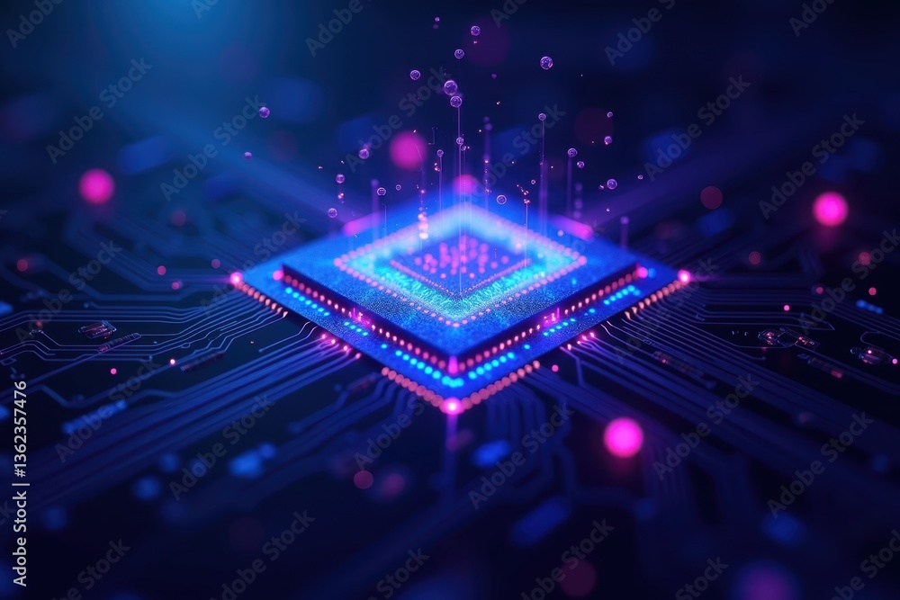Poster futuristic processor design with colorful light effects and circuitry