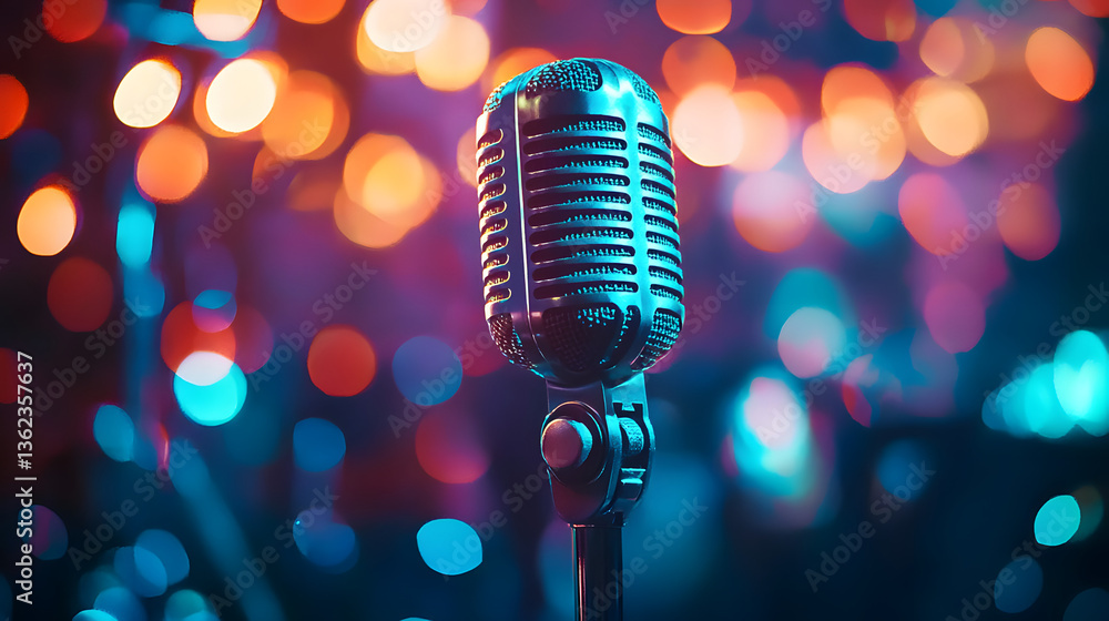Poster closeup of retro microphone on stage with a bokeh light backdrop. karaoke or concert concept.