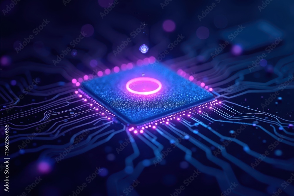 Poster abstract computing processor with vibrant circuit details and glow