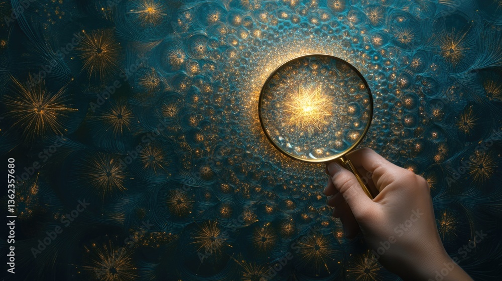 Poster a person examining an object with a magnifying glass in front of a bright blue background