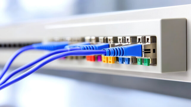 High quality image of network cables connected to patch panel showcasing importance of industry automation in modern connectivity solutions