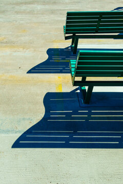 Row of benches on upper deck of Puget Sound ferry, Seattle, WA, USA