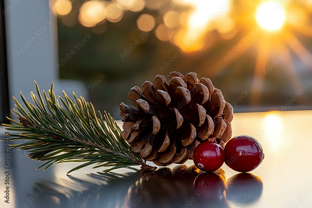 Poster pine cone with fresh evergreen branch and red cranberries on reflective surface against golden bokeh
