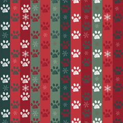 Christmas design with snowflakes stripe pattern with brown doodle paw prints. Seamless fabric design pattern