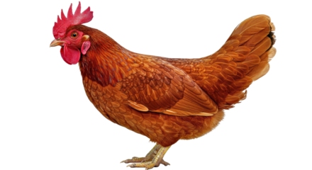 A Realistic Rhode Island Red Chicken Featuring Vivid, Natural Feather Details With Subtle Transitions of Red, Russet, and Burnt Orange Hues
