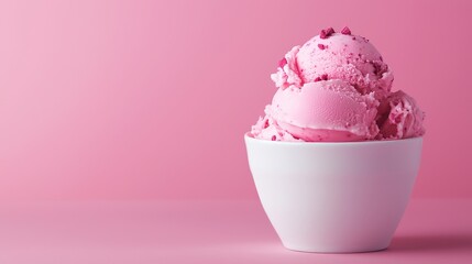 Dual pink scoops stacked in white bowl on flat pink background creating dessert minimalism with soft lighting and stylish sweet food wallpaper concept in pastel tone