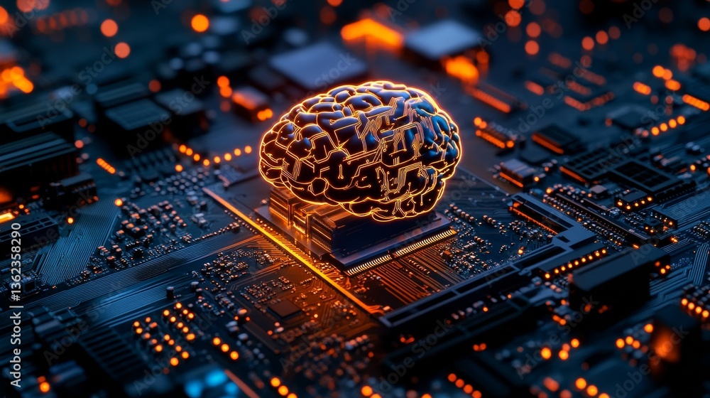 Poster artificial intelligence close-up 3d render of ai processor. intricate motherboard design.