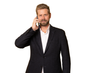 Young smiling business man talking on mobile phone isolated over transparent background. PNG transparent