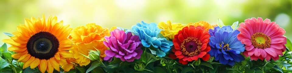Vibrant Summer Bloom, Colorful Flowers in Sunny Garden, Sunflowers, Zinnias, Petunias