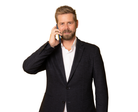 Young smiling business man talking on mobile phone isolated over transparent background. PNG transparent - Powered by Adobe