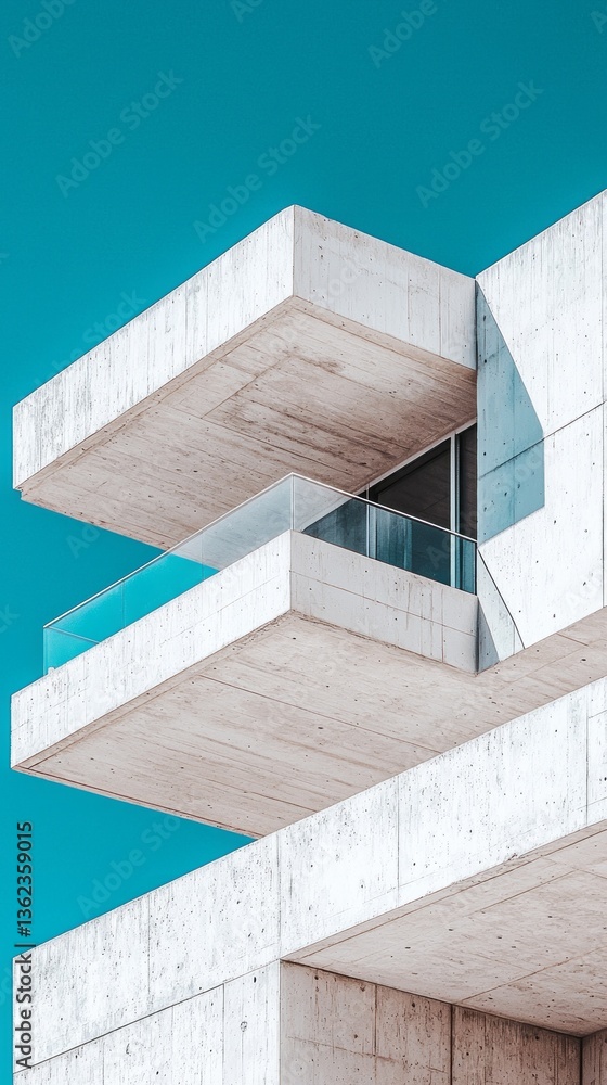 Poster sharply defined concrete balconies extend from a sleek structure, casting shadows against a vibrant 