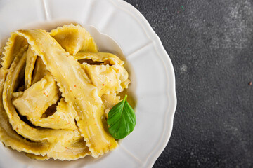 Pappardelle pasta filling main course appetizer vegetables dish fresh delicious gourmet food background on the table rustic food top view copy space  vegetarian and vegan food