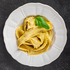 Pappardelle pasta filling main course appetizer vegetables dish fresh delicious gourmet food background on the table rustic food top view copy space  vegetarian and vegan food