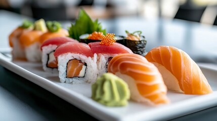 Sushi Plate Delights: An enticing array of fresh, vibrant sushi and maki rolls, meticulously arranged on a pristine plate, showcasing culinary artistry.