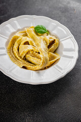 Pappardelle pasta filling main course appetizer vegetables dish fresh delicious gourmet food background on the table rustic food top view copy space  vegetarian and vegan food