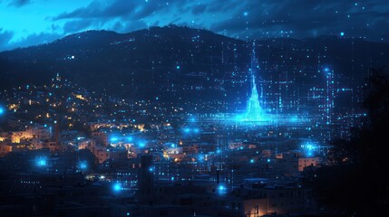 Night city lights, futuristic glow, mountain backdrop, inspiring imagery